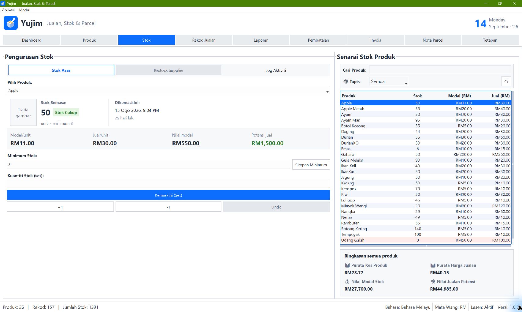 Stok — Paparan aplikasi Windows · Bahasa Melayu